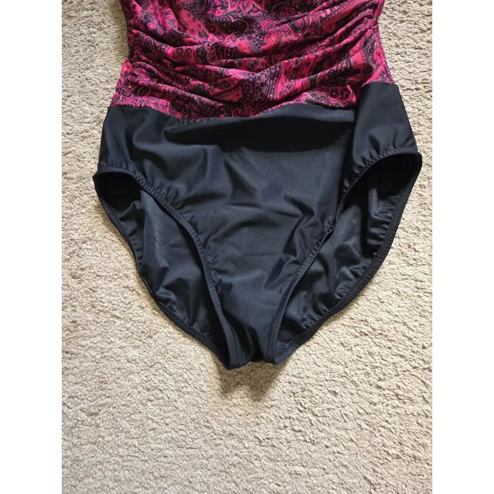 Miraclesuit Magenta Pink Paisley Tummy Control One-Piece Swimsuit Women's Size 8